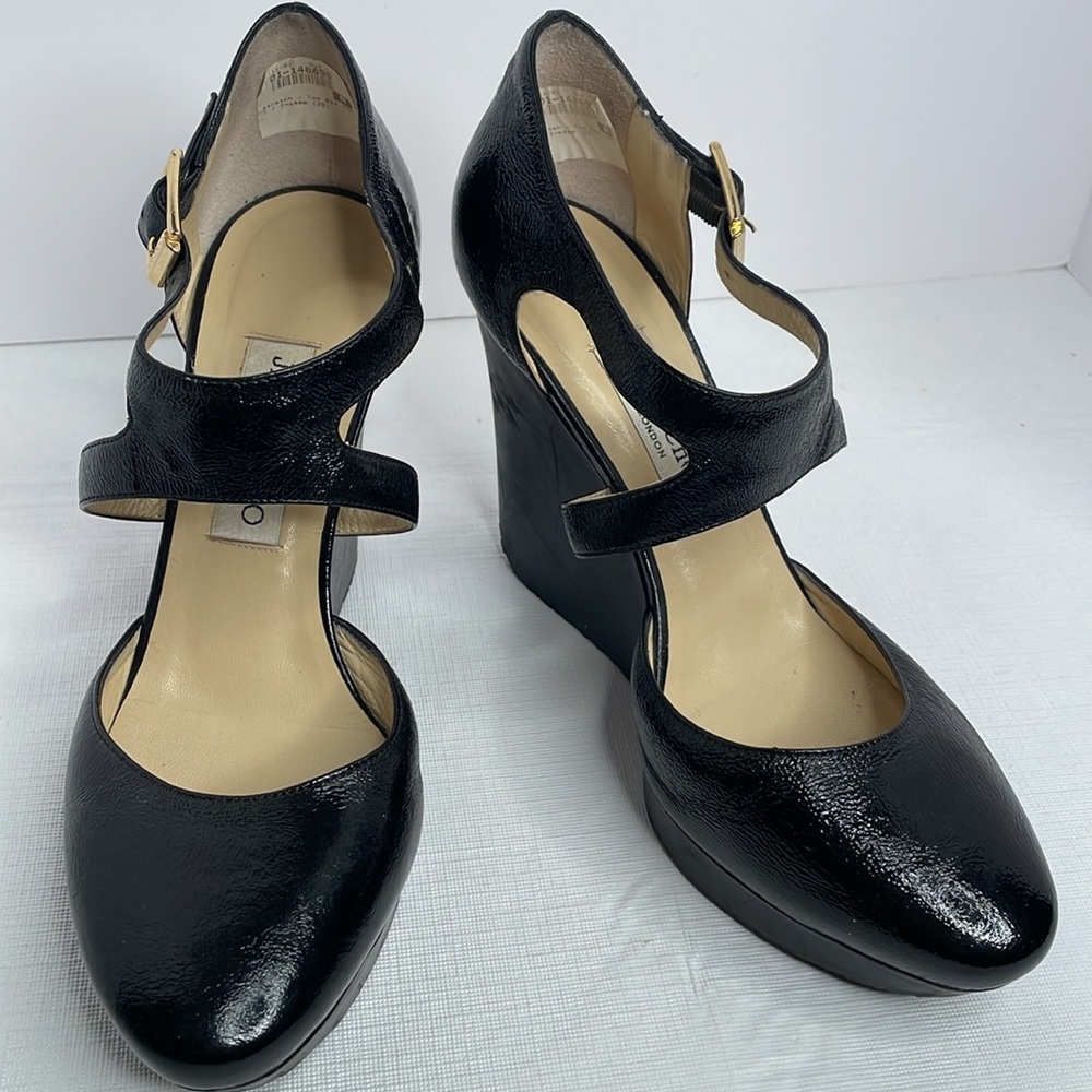 Jimmy Choo Shoes Wedge Black Patent Leather Platform Ankle Strap Shoes